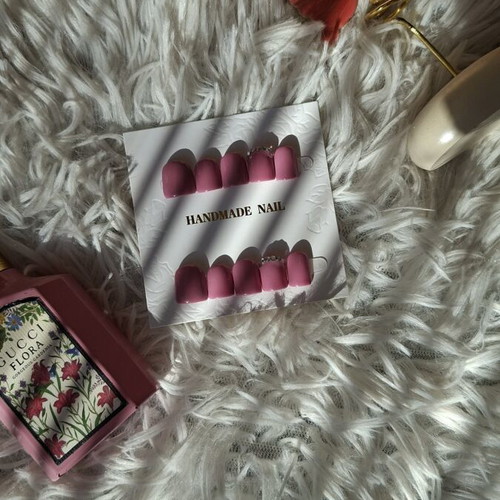 Pink press-on nails with rhinestones, handmade reusable set of 10