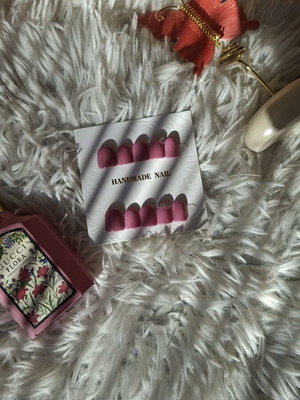 Pink press-on nails with rhinestones, handmade reusable set of 10