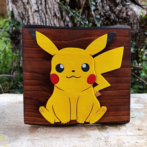 Handmade wooden Pikachu wall decor, Pokémon, 15x15 cm