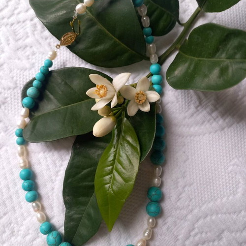 Necklace with freshwater pearls and turquoise 45cm like new