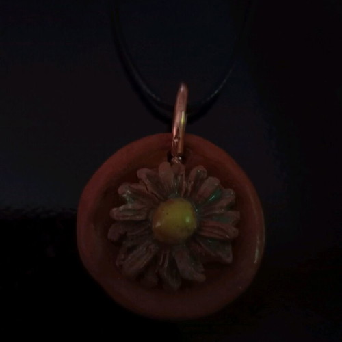 Handmade necklace with flower from baked ceramic clay brown and yellow