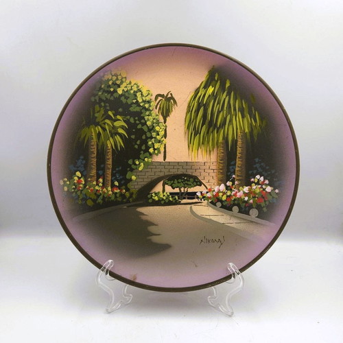 Handmade painted ceramic plate used, numbered Nikolas