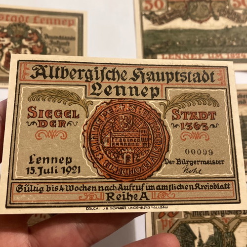 Collectible folder with 7 Notgeld banknotes Lennep 1921 new