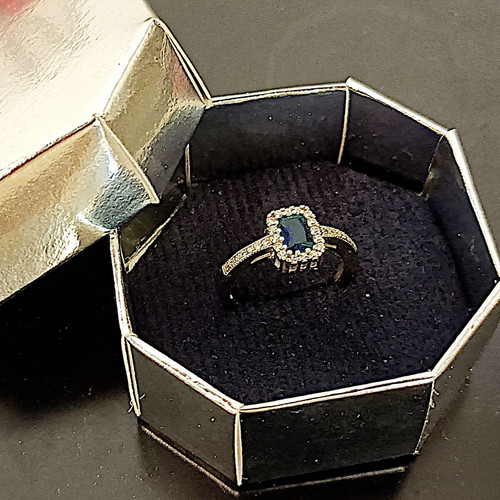 Silver Rosette Ring with Blue Zircon 6x4mm – Adjustable, New