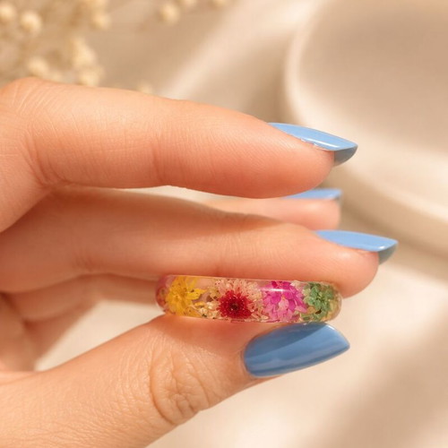 Handmade Resin Ring "Rainbow Garden" with Real Dried Flowers