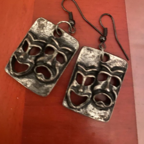 Handmade earrings with comedy and tragedy masks, new, gray and silver