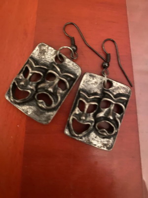 Handmade earrings with comedy and tragedy masks, new, gray and silver