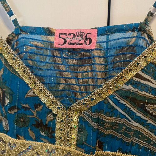 Celia Kritharioti 5226 vintage mini dress blue gold shiny, like new