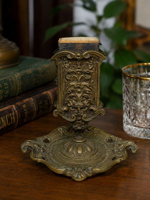 Antique Belgian Brass Match Holder with Ashtray Lion Face circa 1900 like new