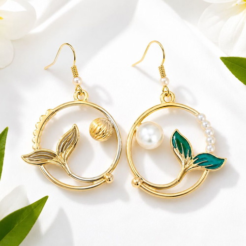 Handmade Mermaid's Pearl Earrings gold hoops with pearls and mermaid tail