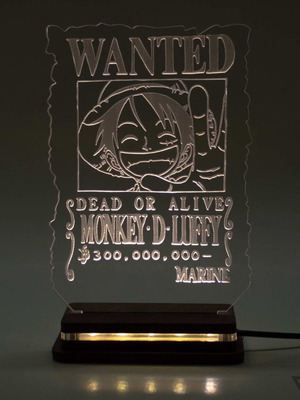 One Piece Luffy Wanted LED lamp new with wooden base and plexiglass