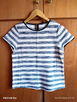 Striped blouse with shimmer, size S, white and navy