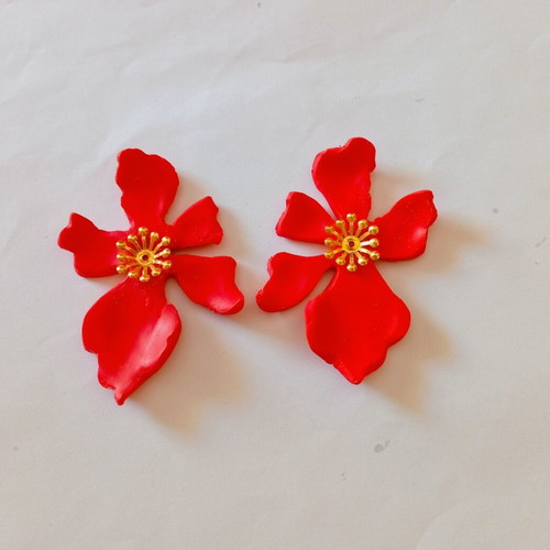 Red Coral Flower Earrings handmade from clay, new