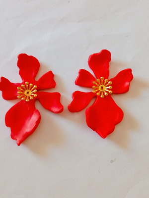 Red Coral Flower Earrings handmade from clay, new