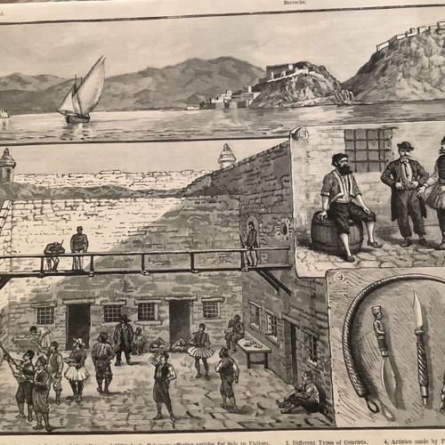 Woodcut 1890 Nafplio with Palamidi Prison used, 28x22cm