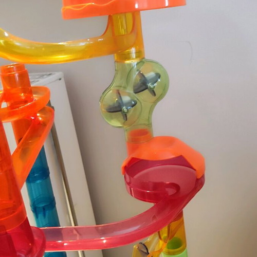 Marble run toy used, assembly game with 10 marbles
