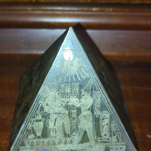 Small antique pyramid with Egyptian gold-plated brass miniatures used