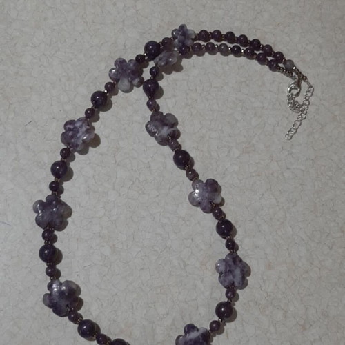 Necklace with rare lepidolite shaped as flowers and round stones, silver 925