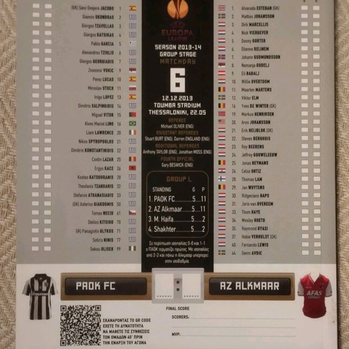 PAOK AZ Alkmaar ticket and program like new