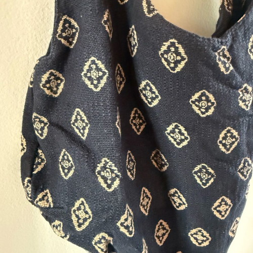 Nice Things shoulder bag used, cotton and leather, navy with pattern
