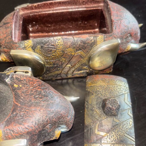 Elephant candle holder and box set used, Indian folk art