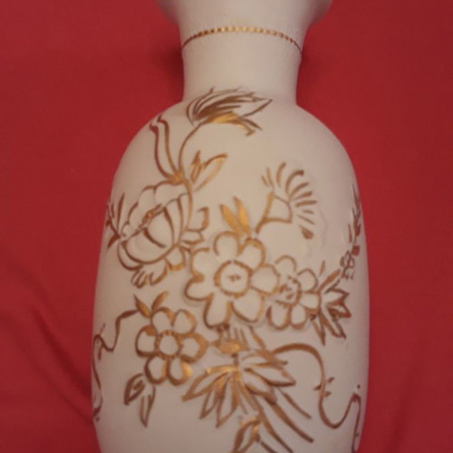 Limoges porcelain vase used, white matte with embossed gold flowers