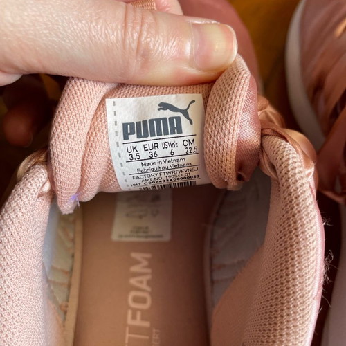 Puma satin sneakers used, size 36, dusky pink with ribbons