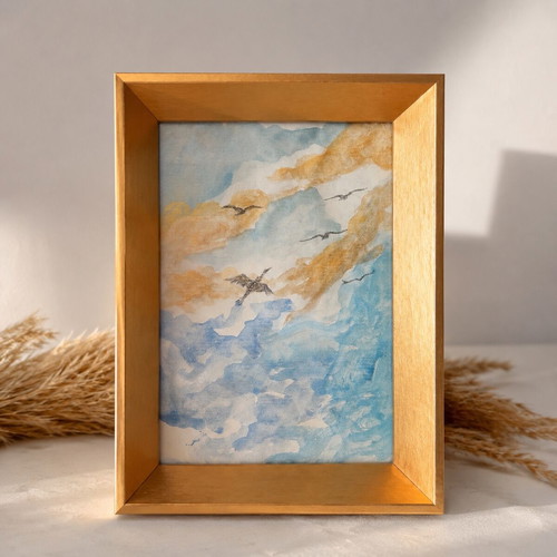 Golden Blue Horizon handmade watercolor painting in frame