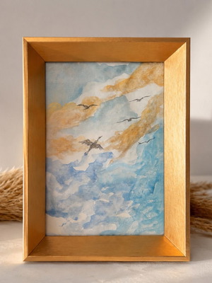 Golden Blue Horizon handmade watercolor painting in frame