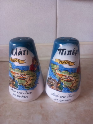 Salt and pepper shakers used, souvenir from Tinos