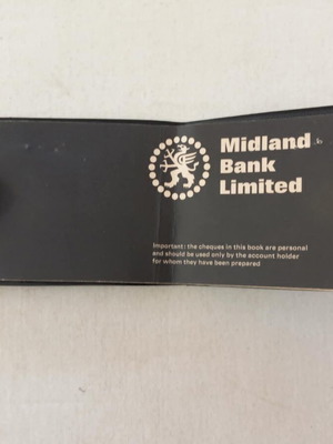 Midland Bank Limited checkbook holder used, 1970s-80s with 10 blank pages