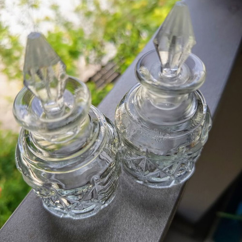 Vintage glass miniature bottle set of 2 with carved pattern and glass stopper