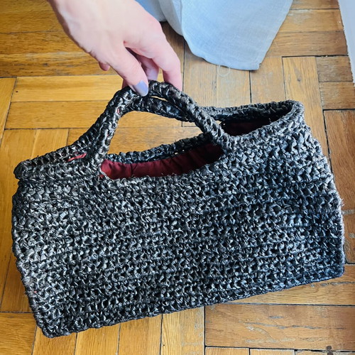 Handmade bag from recycled materials, like new, dark brown with bordeaux lining
