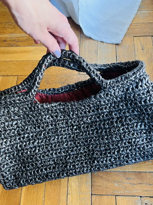 Handmade bag from recycled materials, like new, dark brown with bordeaux lining