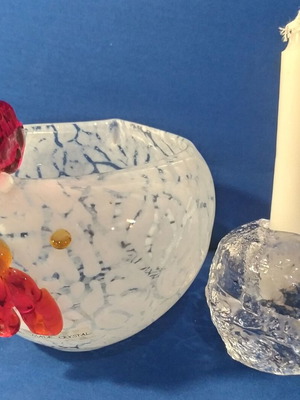 Vintage κηροπήγιο χιονόμπαλας Ice Glass και χειροποίητο κρυστάλλινο μπολ κόκορα