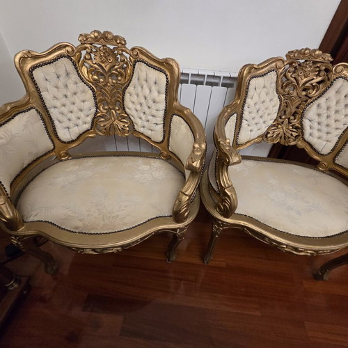 Antique living room set used, gold carved two-seater sofa and 2 armchairs