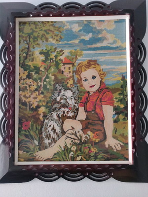 Embroidered picture with beautiful wooden frame, excellent condition