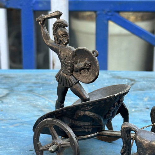 Ancient Greek decorative chariot with warrior and horses, 19 cm
