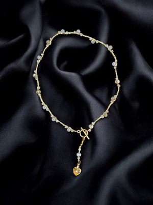 Y-Necklace Lariat style handmade with gold thread and crystal heart