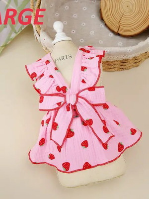 Dog dress pink with strawberries and bow size Large new