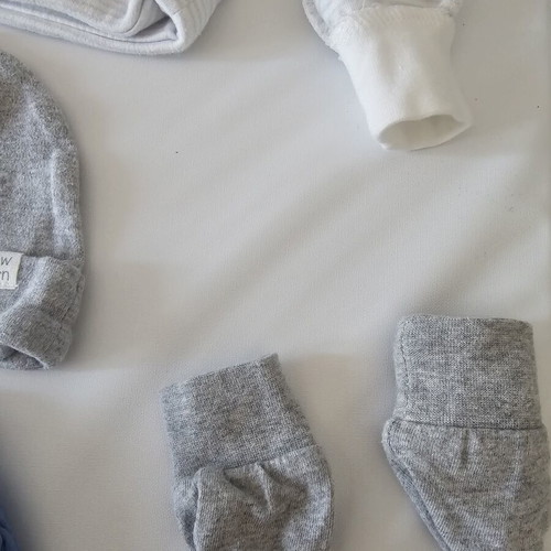 Baby clothing set with velour bodysuit, hats and mittens