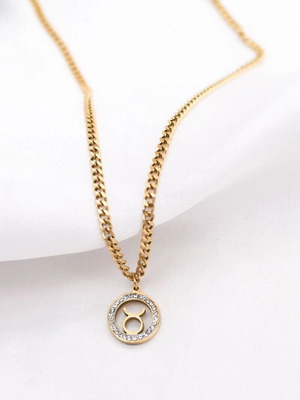 Taurus Zodiac Necklace new gold plated steel with clear zircons