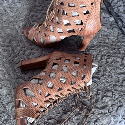 Leather lace-up heels Artisan used, beige, size 36, cut-out design