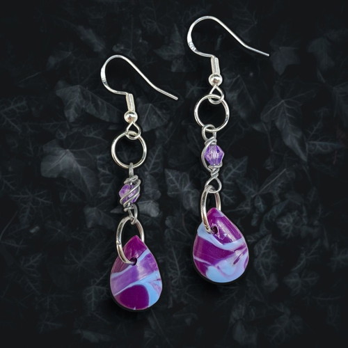 Earrings drops new with purple-blue marbled effect, hypoallergenic