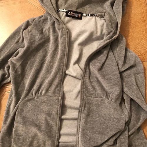 Mymoo hoodie gray velour jacket used with print and rhinestones on back