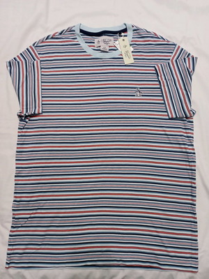 Original Penguin striped short-sleeve men's shirt new, size L, blue and red