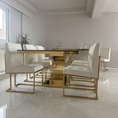 Elegant custom-made dining room set with glass table and 8 chairs