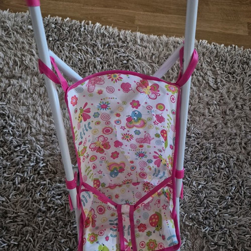 Doll Stroller in Pink with Flowers and Baby New