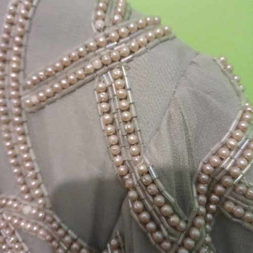 After Shock blouse used, silk beige with pearls, gray, size L