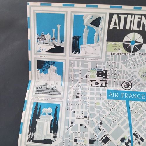 Vintage Air France Athens map by Roger Tourte, 1950s
